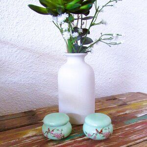 Two Tiny Asian Floral Candle Jars in Light Green and Floral Scented - NEW